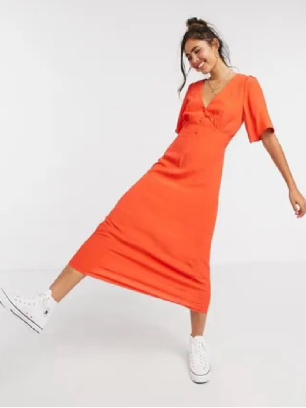 ASOS, New Look v neck flutter sleeve midi dress in bright orange